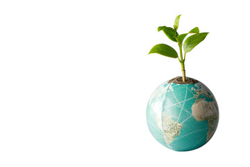 A small plant is growing out of a globe. The globe is blue and white. The plant is growing out of the globe in a way that it looks like it is growing out of the earth