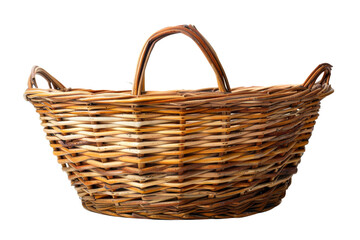 Fototapeta premium A basket made of wicker sits on a transparent background. The basket is large and has a handle. The basket is empty and he is old