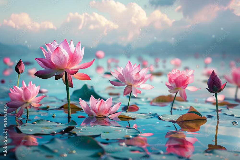 Wall mural A beautiful scene of pink flowers floating on a body of water