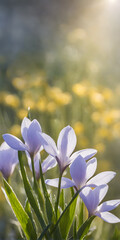 Spring flowers emerging gently, a burst of life in a minimalist landscape. Softly out of focus, lending an ethereal charm