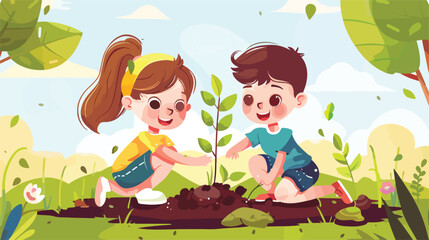 Children boy girl planting a plant Vector style vector