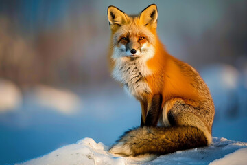 A fox is sitting on a snowy hillside, looking at the camera