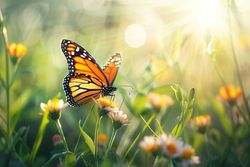 A butterfly is sitting on a flower in a field