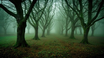 Fototapeta premium fog blanketing a tranquil forest, creating an ethereal atmosphere