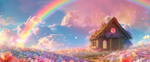 A Small Wooden House Stands In The Colorful Flower Sea, Surrounded By Blooming Flowers Of Various Colors And Shapes Under The Sky Full Of Pink Clouds And Rainbows