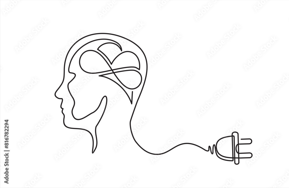 Aufkleber continuous one line drawing of head person and brain with plug. concept of burnout syndrome and tire