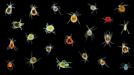 Collection of different water mites Hydrachnidia and Halacaroidea under a microscope.