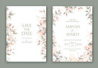 Wedding Invitation with delicate watercolor buds and leaves of jasmine.