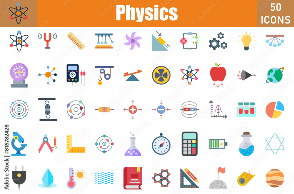 Wall mural physics icons set. editable stroke. pixel perfect