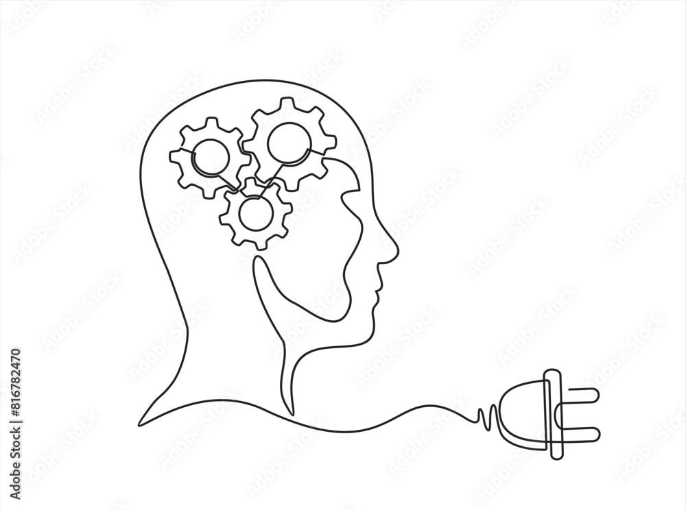 Aufkleber head of a man with gears inside, drawn in one line on a white background. one-line drawing. continuo