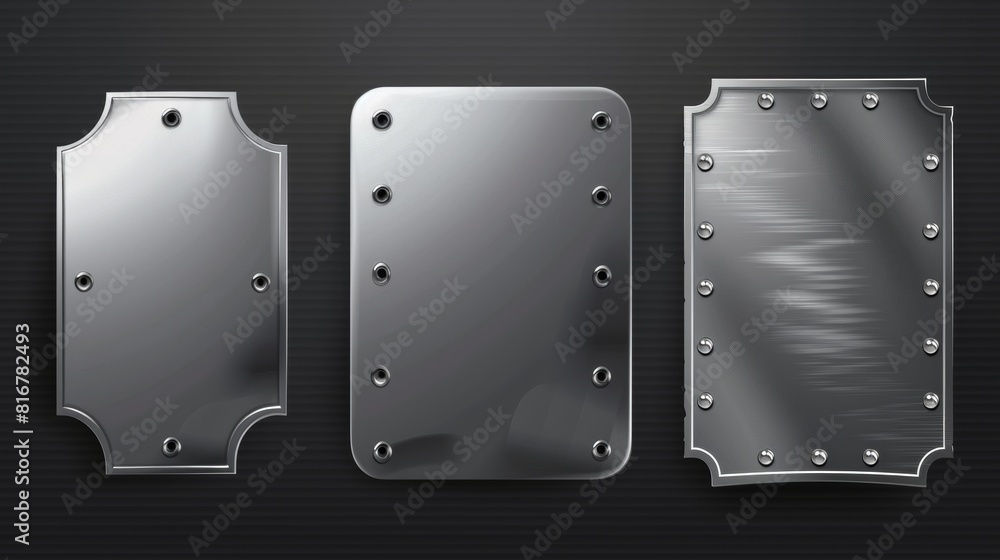 Poster a metal tag plate of rectangular, square, and round shape with rivets. a realistic modern set of bla