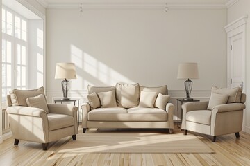 Fototapeta premium Modern villa living room design interior, beige furniture, bright walls, hardwood flooring, sofa, armchair with lamp. Concept of relax. 3d