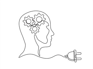 Head of a man with gears inside, drawn in one line on a white background. One-line drawing. Continuous line. Vector