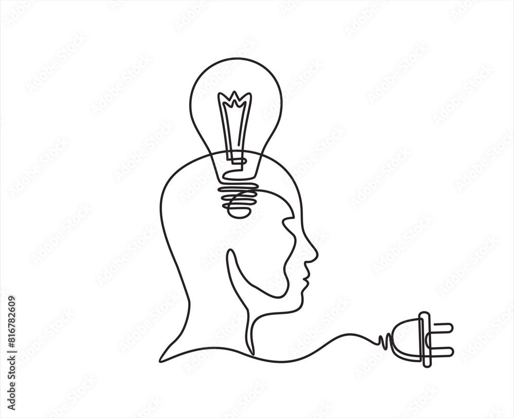 Poster continuous one line drawing light bulb inside head with plug. concept of creative idea, education an