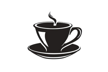 Obraz premium A black coffee cup with steam rising from it. The cup is sitting on a white plate. Concept of warmth and comfort, as the steam rising from the cup suggests a hot beverage being enjoyed