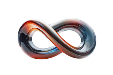 A glass object with a spiral shape that looks like an infinity symbol. The object is made of glass and has a blue, red, and orange color scheme