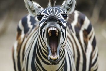 Closeup shot of a zebra yawning in its natural african wildlife habitat, showcasing its black and...