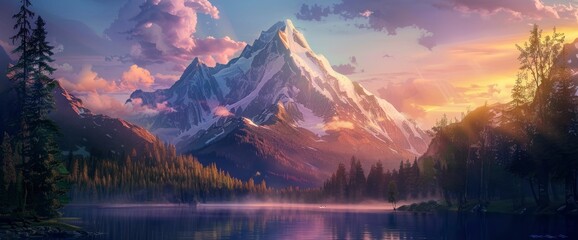 A Stunning Vector Illustration Of The Grandeur Of Mount Rbattle, With Its Majestic Peak Towering Over An Expansive Lake Surrounded By Dense Forests Under A Vibrant Sunset Sky
