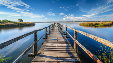 Fototapeta premium Long wooden bridge across a large river