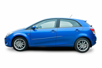 Fototapeta premium A blue car is parked on a white background