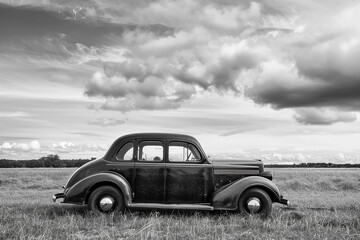 Fototapeta premium A black car is parked in a field