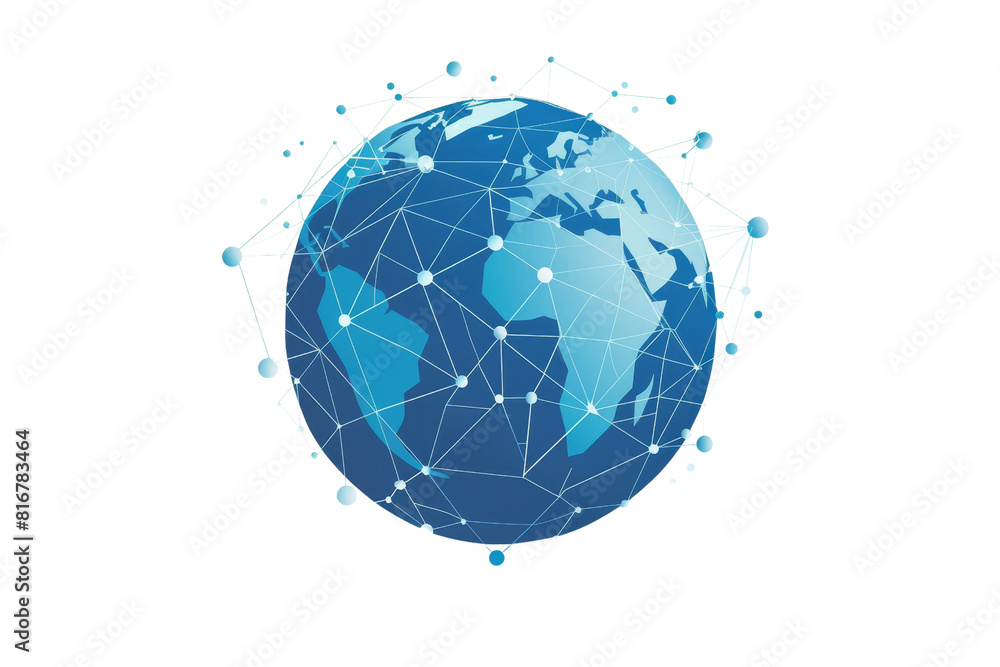 Poster a blue globe with a network of lines connecting it. the globe is surrounded by a transparent backgro