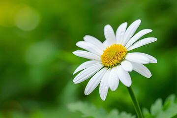 A white flower with yellow centers sits in a green field