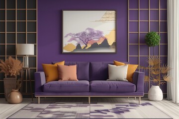 Purple japan interior style has a armchair sofa on living room minimal,3D