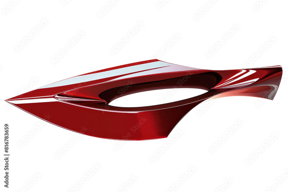 Poster a red and white sword with a black handle. the sword is curved and has a pointed tip