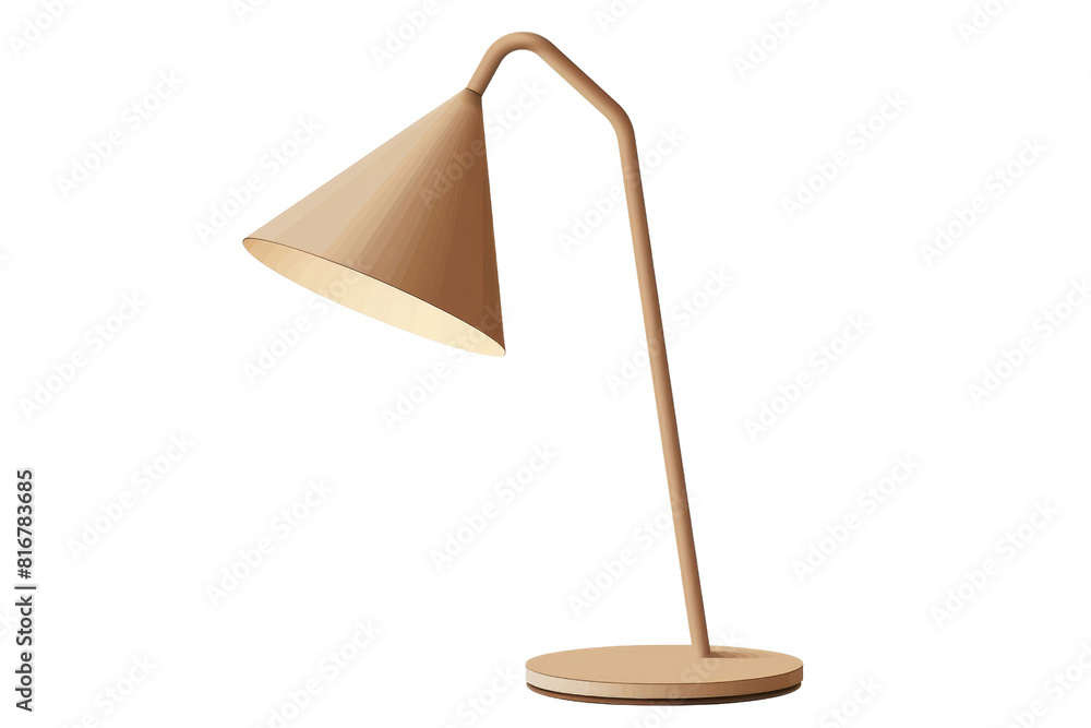 Poster a lamp with a wooden base and a cone shaped shade. the lamp is turned on and the light is shining on