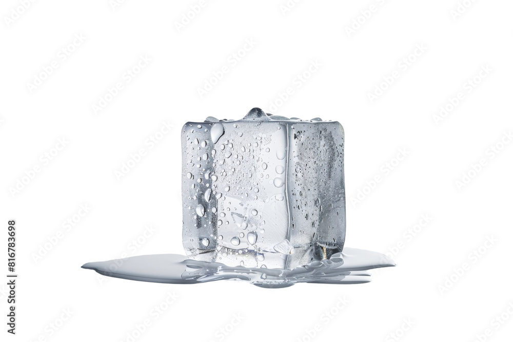 Poster a cube of ice is melting on transparent background. the water droplets from the melting ice create a