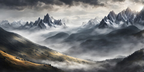 Obraz premium Fog obscuring the peaks of majestic mountains, landscape engulfed in a soft grey mist