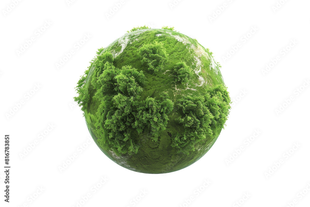 Poster a green planet with trees on it. the planet is surrounded by a transparent background. the trees are