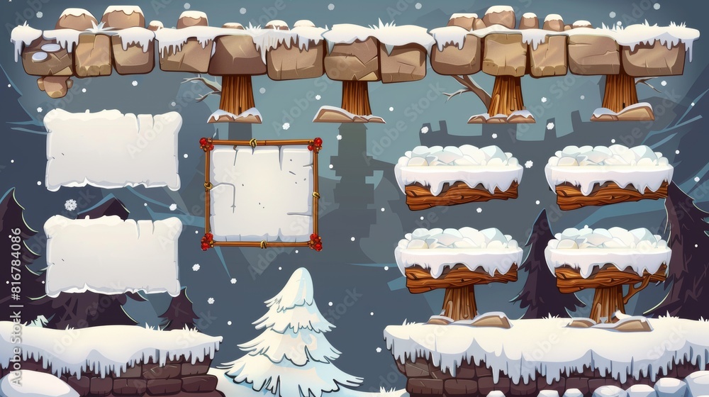 Poster design fantasy frame covered in snow for avatars or menu banners of game level rank interfaces. set 