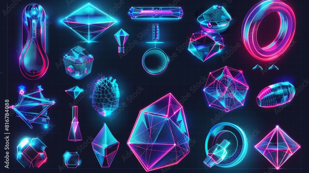 Aufkleber grid of geometric forms and symbols in retro futuristic 2000s and brutalism style design elements. s
