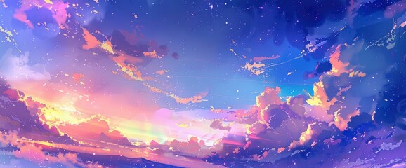 A Vibrant Sky Filled With Swirling Clouds, Stars Twinkling Like Distant Lights, And A Mountain Range In The Background