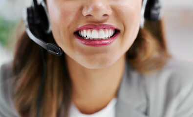 Call centre, mouth and business woman with microphone for telemarketing, support and consulting as...