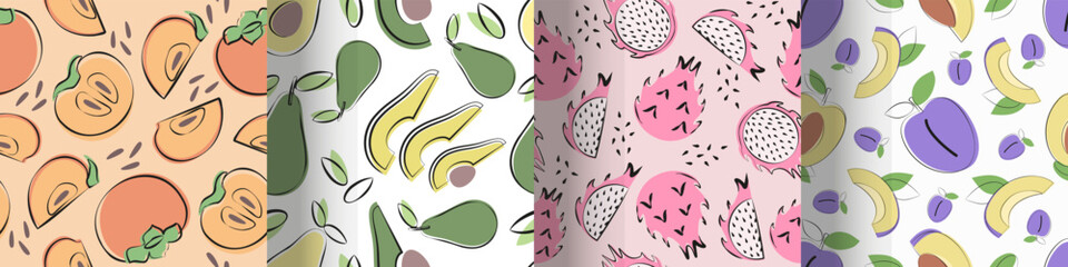 Set of fruit seamless patterns with avocado, dragon fruit, plum, persimmon in simple flat design. Vector illustration.
