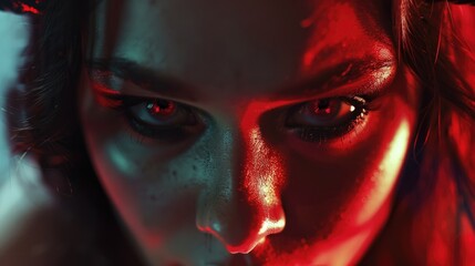 Close up of a woman with striking red eyes, perfect for spooky or Halloween-themed projects