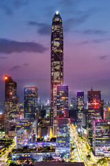 Shenzhen skyline cityscape with skyscrapers in downtown at twilight portrait format in Shenzhen,...