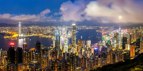 Hong Kong skyline cityscape with skyscrapers panorama in downtown at night in Hong Kong, China