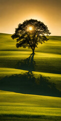 Bright sunlight over serene landscape, minimalistic scenery with single tree