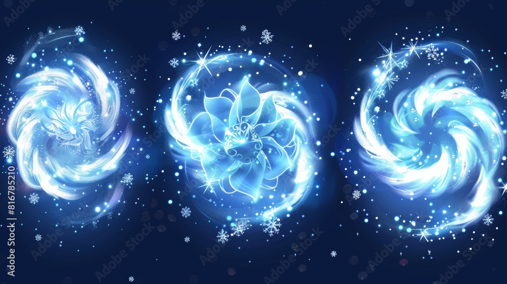 Aufkleber the motion of a cold fresh breeze spray stream with snowflakes and bright luminous sparkles in the a