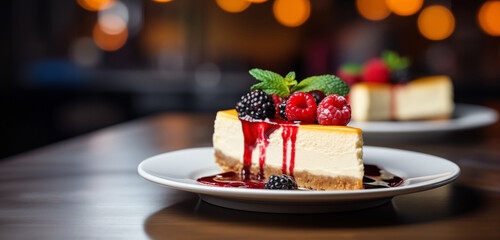 Cheesecake with raspberries on a plate