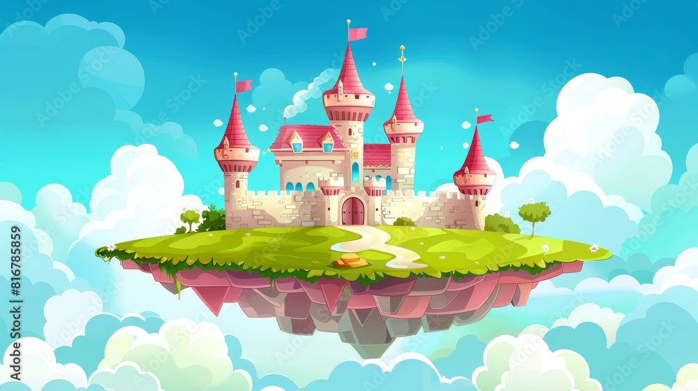 Poster in game ui design, a magical ancient kingdom castle floating in the sky with clouds. cartoon modern 