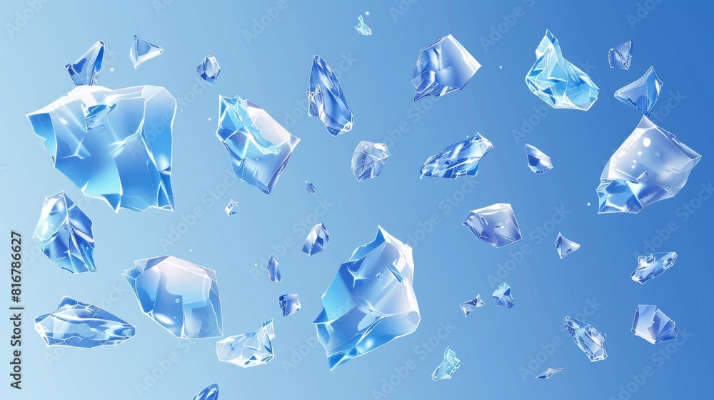 Poster broken and exploded glass surface flying in bunches of sharp pieces of blue crystal or mirror fragme