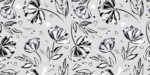 Seamless floral pattern with hand drawn flower garden and leaf background elements