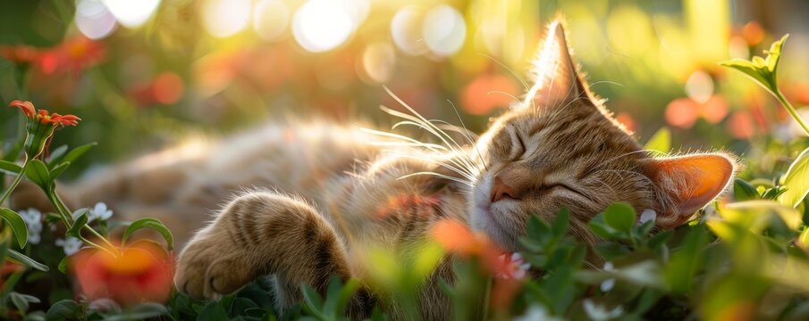 Cat lounging in a sunny garden spot, capturing its relaxed and contented demeanor selective focus, garden theme, realistic, Silhouette, blooming garden