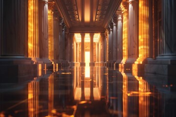 Obraz premium Illuminated Hallway with Classical Columns. Generative ai