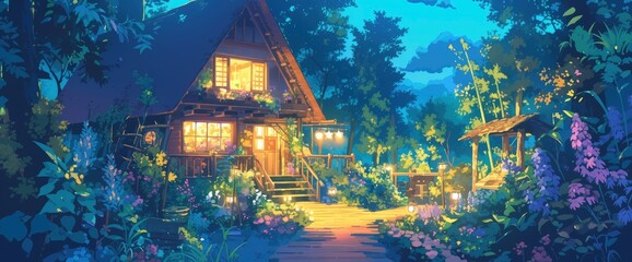 A Wooden Cabin In The Woods, In The Style Of Anime, Colorful, At Nighttime, With A Beautiful Sky And Clouds, Nice Lighting, Beautiful Colors 